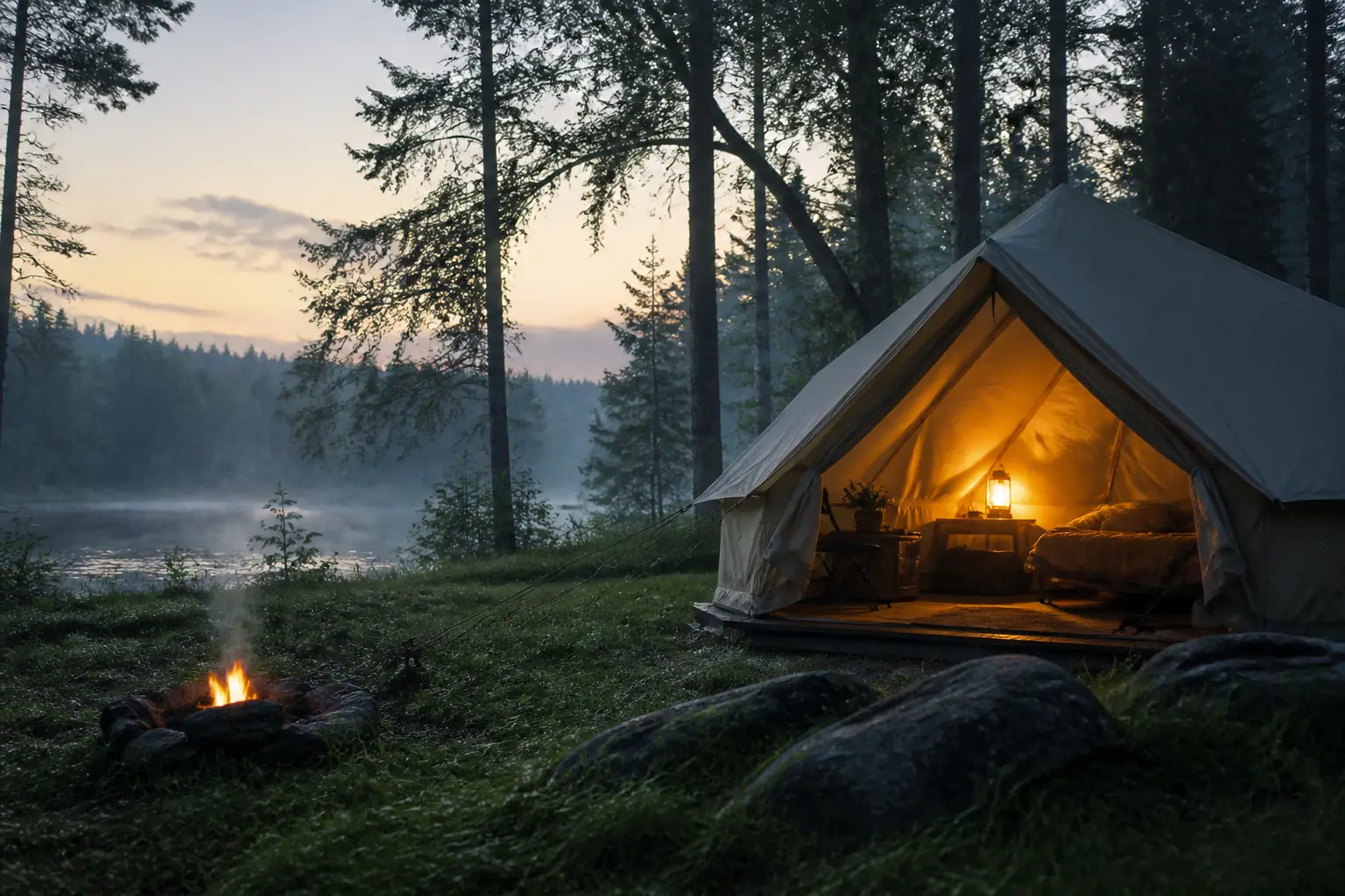 Canvas tent at a forest campsite in soft morning light