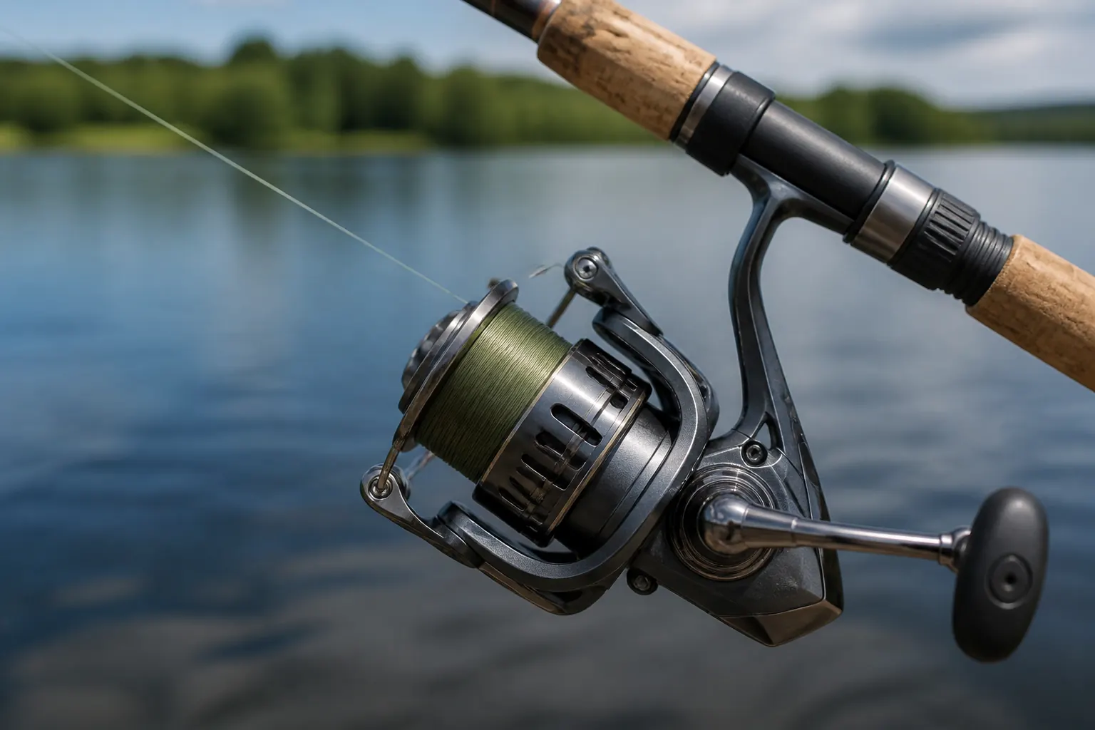 Fishing reel on a rod beside the water